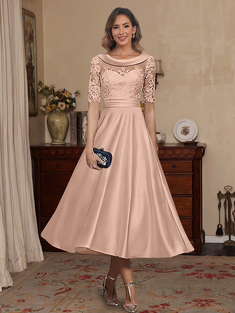 Dusty Rose Lace & Satin Midi Dress with Illusion Neckline